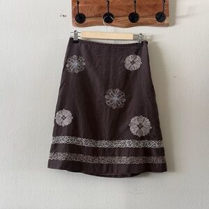 Loft Silk Cotton Chocolate Brown Floral Embroidered A-Line Skirt size 2 Boho